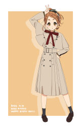 1girl 22/7 :o absurdres artist_name black_bow black_socks blush border bow bowtie braid brown_background brown_dress brown_eyes brown_footwear brown_hair character_name dress hair_bow hand_on_own_hip happy_birthday high_ponytail highres kono_miyako loafers long_sleeves open_mouth red_bow red_bowtie shoes single_braid socks solo tanpaku_(oqu_2) v v_over_head white_border