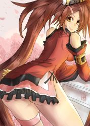 Rule 34 | 1girl, ass, breasts, brown hair, china dress, chinese clothes, clothes tug, dress, guilty gear, guilty gear xrd, hair rings, hair tubes, highres, kuradoberi jam, large breasts, long hair, looking at viewer, looking back, mariebell, panties, panty peek, skindentation, smile, thick thighs, thigh strap, thighs, underwear, white panties