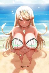 Rule 34 | 1girl, absurdres, awesomeerix, blonde hair, breasts, chest jewel, gem, grabbing, headpiece, highres, large breasts, long hair, mythra (radiant beach) (xenoblade), mythra (xenoblade), one-piece swimsuit, ribbed swimsuit, strapless, strapless one-piece swimsuit, striped clothes, striped one-piece swimsuit, swept bangs, swimsuit, tiara, vertical-striped clothes, vertical-striped one-piece swimsuit, very long hair, white one-piece swimsuit, xenoblade chronicles (series), xenoblade chronicles 2, yellow eyes