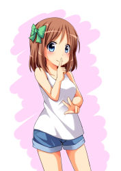 Rule 34 | 1girl, blue eyes, blush, bow, breasts, brown hair, finger to mouth, hair bow, highres, looking at viewer, nitizyo, original, scribble, short hair, short shorts, shorts, smile, solo, tank top, w