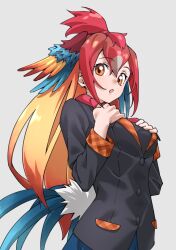 Rule 34 | 1girl, :o, absurdres, bird girl, bird tail, bird wings, black jacket, blue hair, blue skirt, commentary, grey background, hair between eyes, hands on own chest, head wings, highres, jacket, kemono friends, long hair, long sleeves, orange eyes, orange hair, plaid trim, pleated skirt, red hair, red junglefowl (kemono friends), sidelocks, simple background, skirt, solo, tail, tanabe (fueisei), wings