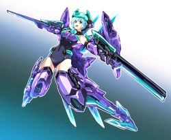 Rule 34 | 1girl, black leotard, blue hair, boots, breasts, brown eyes, covered navel, dual wielding, floating, frame arms girl, gunblade, highres, holding, holding weapon, hresvelgr, ishiyumi, leotard, mecha musume, medium breasts, open mouth, science fiction, solo, thigh boots, thighhighs, visor (armor), weapon