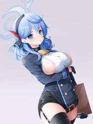 Rule 34 | 1girl, ako (blue archive), bell, belt, black belt, black hairband, black jacket, black skirt, black thighhighs, blue archive, blue eyes, blue hair, blue halo, blush, breasts, closed mouth, grey background, hairband, halo, highres, jacket, koflif, large breasts, long hair, long sleeves, looking at viewer, neck bell, pencil skirt, sideboob, simple background, skirt, solo, thighhighs