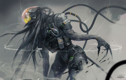 Rule 34 | armor, black hair, esuthio, floating hair, from side, helmet, highres, humanoid robot, long hair, looking ahead, military, no humans, open hand, original, robot, science fiction, solo, wire