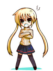 Rule 34 | 1girl, anger vein, angry, bad id, bad pixiv id, blonde hair, chibi, green eyes, hayate no gotoku!, moro (like the gale!), sanzen&#039;in nagi, simple background, skirt, solo, sweater, thighhighs, twintails, unmoving pattern