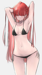 Rule 34 | 1girl, absurdres, armpits, arms up, bikini, black bikini, bright pupils, eyes visible through hair, frills, gluteal fold, grey background, highres, hololive, hololive indonesia, kureiji ollie, long hair, mouth hold, navel, olivia (kureiji ollie), one eye closed, red eyes, red hair, robbilgigih, simple background, sketch, solo, swimsuit, very long hair, virtual youtuber, white pupils