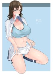 Rule 34 | 10s, 1girl, absurdres, blue background, blue legwear, blue panties, breasts, brown eyes, brown hair, cleavage, clothes in mouth, clothes lift, collarbone, commentary request, girls und panzer, halterneck, highres, irukatto, long hair, mouth hold, murakami (girls und panzer), navel, ooarai naval school uniform, panties, pleated skirt, school uniform, shirt in mouth, shirt lift, simple background, skirt, sleeves rolled up, twitter username, underwear