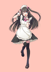 Rule 34 | 1girl, ;d, alternate costume, apron, arm up, black dress, black footwear, black thighhighs, blue eyes, bow, brown background, collared dress, copyright request, dress, enmaided, frilled apron, frills, full body, hair bow, hand up, highres, kazuharu kina, long hair, looking at viewer, maid, maid apron, maid headdress, one eye closed, open mouth, paw pose, pink bow, pleated dress, puffy short sleeves, puffy sleeves, shoes, short sleeves, simple background, smile, solo, standing, standing on one leg, thighhighs, twitter username, two side up, very long hair, virtual youtuber, white apron, wrist cuffs