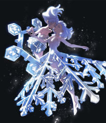 Rule 34 | 2girls, bare legs, bare shoulders, black background, breasts, collarbone, covered navel, dress, closed eyes, full body, highres, ice crystal, long hair, medium breasts, multiple girls, original, shoes, signature, snowflakes, strapless, strapless dress, umishima senbon, white footwear, white hair