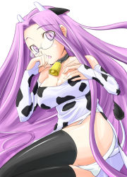 Rule 34 | 1girl, animal ears, animal print, bell, breasts, cow ears, cow girl, cow horns, cow print, cow tail, cowbell, fate/stay night, fate (series), glasses, horns, huge breasts, large breasts, long hair, medusa (fate), medusa (rider) (fate), purple eyes, purple hair, simple background, solo, square pupils, tail, thighhighs, very long hair, zanku
