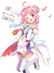 Rule 34 | 1girl, ;d, ahoge, arm up, blue hair, blush, boots, braid, braided bun, breasts, character request, collar, commentary request, compile heart, detached collar, detached sleeves, dress, gradient hair, hair bun, hair ornament, hand up, head tilt, heart, heart hair ornament, highres, juliet sleeves, long sleeves, looking at viewer, medium breasts, moeki yuuta, multicolored hair, necktie, one eye closed, open mouth, outstretched arm, parted bangs, pink hair, puffy sleeves, purple eyes, red necktie, sidelocks, simple background, smile, solo, standing, standing on one leg, star-shaped pupils, star (symbol), strapless, strapless dress, symbol-shaped pupils, thigh boots, thighhighs, translation request, virtual youtuber, white background, white collar, white dress, white footwear, white sleeves, white thighhighs