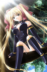 Rule 34 | 1girl, absurdres, bare shoulders, black gloves, blonde hair, breasts, collar, elbow gloves, giselle, gloves, green eyes, hair ribbon, highres, large breasts, leaf, legs, long hair, long legs, looking down, ribbon, sitting, sitting on object, solo, thighs, tree, twintails, vagrants, very long hair, yamamoto kazue