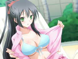 Rule 34 | 10s, 1girl, :o, bad id, bad pixiv id, bikini, bikini top only, bikini under clothes, black hair, blush, breasts, cleavage, front-tie top, green eyes, kanden sky, kore wa zombie desu ka?, large breasts, long hair, open clothes, ponytail, seraphim (korezom), solo, swimsuit, swimsuit under clothes