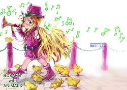 Rule 34 | 1girl, absurdres, ankle boots, big hair, bird, blonde hair, blush, boots, bosako (haguhagu), character name, chick, child, coat, flag, from side, green eyes, haguhagu (rinjuu circus), hat, highres, holding, holding flag, horns, huge filesize, instrument, long hair, long sleeves, looking at viewer, looking to the side, musical note, original, pink coat, pink footwear, pink hat, solo, trumpet, very long hair
