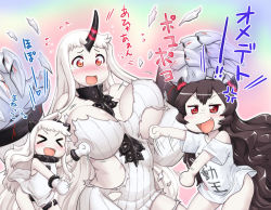 Rule 34 | &gt; &lt;, 10s, 3girls, :d, > <, abyssal ship, ahoge, anger vein, black hair, black panties, blush, bouncing breasts, breast punch, breasts, claws, closed eyes, clothes writing, colored skin, covered erect nipples, dancing, detached sleeves, dress, fang, gradient background, hase yu, horns, isolated island oni, kantai collection, large breasts, long hair, mittens, multiple girls, northern ocean princess, open mouth, pale skin, panties, pantyshot, punching, red eyes, ribbed dress, seaport princess, shirt, short dress, single horn, smile, t-shirt, tears, torn clothes, translation request, underwear, very long hair, white dress, white hair, white skin, xd