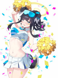 Rule 34 | 1girl, arm up, bare arms, bare shoulders, black hair, blue archive, blue eyes, breasts, cheerleader, commentary request, confetti, cowboy shot, crop top, facial mark, goggles, goggles on head, hibiki (blue archive), hibiki (cheer squad) (blue archive), highres, holding, holding pom poms, large breasts, long hair, looking at viewer, mango (hebimango), midriff, millennium cheerleader outfit (blue archive), miniskirt, navel, open mouth, partial commentary, pleated skirt, pom pom (cheerleading), pom poms, sidelocks, simple background, skirt, solo, standing, star (symbol), stomach, tail, thighs, white background, white skirt