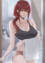Rule 34 | 1girl, bare arms, bare shoulders, black sports bra, breasts, chainsaw man, cleavage, collarbone, commentary, dog, english commentary, highres, large breasts, looking at viewer, makima (chainsaw man), parted lips, red hair, sidelocks, smile, sports bra, tommy (kingdukeee), towel, yellow eyes
