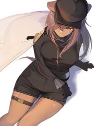 Rule 34 | 1girl, absurdres, animal ear fluff, animal ears, arknights, black gloves, black hat, black shirt, black shorts, cabbie hat, cape, commentary, cowboy shot, gloves, gravel (arknights), gravel (modeling night) (arknights), grey eyes, hat, highres, jewelry, long hair, long sleeves, looking at viewer, mouse ears, official alternate costume, pink hair, shirt, shorts, sinoda, sitting, smile, solo, thigh strap, thighs, white background, white cape