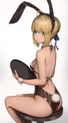 Rule 34 | 1girl, ahoge, alternate costume, animal ears, aqua eyes, artoria pendragon (all), artoria pendragon (fate), ass, back, backless leotard, black leotard, blonde hair, blue ribbon, braid, breasts, closed mouth, detached collar, fake animal ears, fake tail, fate/stay night, fate (series), french braid, hair ribbon, highres, holding, holding tray, leotard, ola (bunnyfly), playboy bunny, rabbit ears, rabbit tail, raised eyebrows, ribbon, saber (fate), sidelocks, simple background, sitting, small breasts, solo, stool, tail, thighs, tray, white background, wrist cuffs