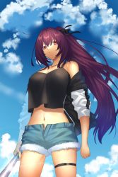 Rule 34 | 1girl, absurdres, alternate costume, alternate hairstyle, bad id, bad twitter id, baseball bat, blue sky, breasts, cleavage, cloud, cloudy sky, collarbone, day, expressionless, fate/grand order, fate (series), highres, jacket, jewelry, lens flare, looking at viewer, navel, necklace, ponytail, scathach (fate), scathach (fate), seseragi azuma, short shorts, shorts, sky, solo, tank top, thigh strap, unbuttoned