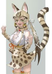 Rule 34 | 1girl, :d, absurdres, animal ear fluff, animal ears, blonde hair, bow, bowtie, breasts, brown hair, cat ears, cat girl, cat tail, clenched hands, commentary, cowboy shot, detached sleeves, extra ears, geoffroy&#039;s cat (kemono friends), green eyes, grey background, hair ribbon, highres, kemono friends, kemono friends v project, long hair, long sleeves, looking at viewer, low twintails, multicolored hair, open mouth, print bow, print bowtie, print skirt, print sleeves, ribbon, shirt, simple background, skirt, small breasts, smile, solo, striped tail, suspender skirt, suspenders, tail, tanabe (fueisei), thighhighs, twintails, virtual youtuber, white ribbon, white shirt