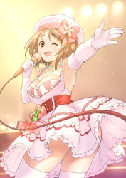 Rule 34 | 10s, 1girl, ;d, bad id, bad pixiv id, blonde hair, blush, bow, breasts, brown eyes, cleavage, elbow gloves, flower, gloves, hair bow, hat, idolmaster, idolmaster cinderella girls, medium breasts, microphone, mimura kanako, one eye closed, open mouth, short hair, skirt, smile, solo, takahata yuki, tears, thighhighs, white thighhighs, wink