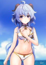 Rule 34 | 1girl, absurdres, ahoge, alternate costume, artist name, bell, bikini, blue hair, blue sky, blurry, blush, breasts, cleavage, cloud, cloudy sky, commentary request, cowboy shot, day, depth of field, ganyu (genshin impact), genshin impact, hair between eyes, hand on own chest, highres, horizon, horns, long hair, looking at viewer, medium breasts, navel, neck bell, ocean, outdoors, poko (user rjdg5478), purple eyes, sidelocks, signature, sky, sleeveless, solo, standing, stomach, swimsuit, thighs, white bikini