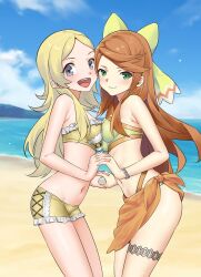 Rule 34 | 2girls, alternate hairstyle, beach, bikini, blonde hair, bracelet, breast press, breasts, cloud, cloudy sky, corset, etie (fire emblem), fire emblem, fire emblem awakening, fire emblem engage, frilled bikini, frills, grey eyes, highres, holding hands, igni tion, jewelry, lissa (fire emblem), long hair, looking at viewer, medium breasts, multiple girls, nintendo, ocean, open mouth, orange hair, sky, small breasts, swept bangs, swimsuit, teeth, thigh strap, upper teeth only, water