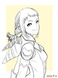 Rule 34 | 1girl, braid, breasts, closed mouth, dated, final fantasy, final fantasy xii, highres, jamauchi, long hair, looking at viewer, monochrome, penelo, simple background, smile, solo, twin braids, twintails