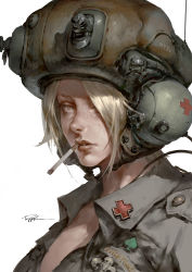 Rule 34 | 1girl, badge, breasts, brown eyes, cable, cigarette, collarbone, collared shirt, commentary, eyelashes, grey shirt, hair over one eye, headphones, helmet, lips, looking at viewer, mouth hold, original, pilot, pink lips, puppeteer lee, shirt, short hair, signature, simple background, solo, teeth, unbuttoned, unbuttoned shirt, upper body, white background
