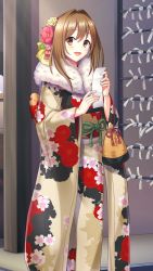 Rule 34 | 1girl, :d, blush, brown eyes, brown hair, day, doukyuusei another world, fur-trimmed kimono, fur trim, game cg, hair between eyes, hair intakes, holding, japanese clothes, kakyuusei 2, kimono, long hair, long sleeves, looking at viewer, official art, open mouth, outdoors, print kimono, saimon tamaki, smile, solo, standing, wide sleeves, yukata