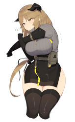 Rule 34 | 1girl, :t, arknights, black gloves, black thighhighs, breasts, brown eyes, brown hair, commentary, cropped legs, elbow gloves, english commentary, gloves, hair ribbon, highres, horns, large breasts, long hair, low-tied long hair, meteorite (arknights), pelvic curtain, pepper0, ribbed sweater, ribbon, sidelocks, simple background, skirt, solo, stretching, sweater, thighhighs, underbust, very long hair, white background, wide hips