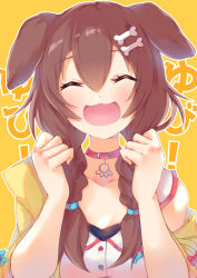Rule 34 | 1girl, ^ ^, animal ears, blush, bone hair ornament, braid, breasts, brown hair, catchphrase, choker, clenched hands, closed eyes, commentary, dog ears, dog girl, dress, hair between eyes, hair ornament, highres, hololive, inugami korone, inugami korone (1st costume), jacket, looking at viewer, medium breasts, medium hair, off shoulder, open mouth, red choker, ryoutsu, side braids, simple background, smile, solo, translated, twin braids, upper body, virtual youtuber, white dress, yellow background, yellow jacket