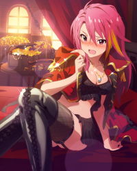 Rule 34 | 10s, 1girl, artist request, blush, boots, breasts, chain, cleavage, curtains, epaulettes, idolmaster, idolmaster million live!, jewelry, long hair, maihama ayumu, midriff, musical note, navel, necklace, official art, open mouth, pendant, pink eyes, pink hair, thigh boots, thighhighs, treasure, treasure chest, window