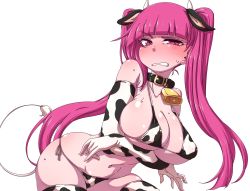Rule 34 | 1girl, alternate breast size, animal ears, animal print, bare shoulders, bikini, bleach, blush, breast hold, breast press, breasts, breasts squeezed together, chinese zodiac, covered erect nipples, cow ears, cow horns, cow print, cow tail, cowbell, crossed arms, dokugamine riruka, embarrassed, fake animal ears, fake horns, fake tail, gloves, hanya (hanya yashiki), highres, horns, large breasts, long hair, looking at viewer, multicolored clothes, multicolored legwear, pink hair, shiny skin, side-tie bikini bottom, simple background, solo, sweat, sweatdrop, swimsuit, tail, thong, thong bikini, twintails, upper body, white background, wide hips, year of the ox
