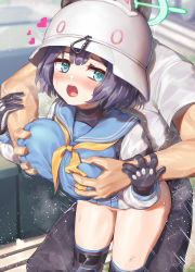 Rule 34 | 1boy, 1girl, black gloves, black hair, blue archive, blue eyes, blush, bottomless, breasts, clothed sex, deep skin, gloves, grabbing, grabbing another&#039;s breast, grabbing from behind, halo, heart, helmet, hetero, highres, large breasts, long sleeves, looking at viewer, neckerchief, open mouth, sailor collar, saki (blue archive), sakimori dan, sex, sex from behind, short hair, short sleeves, solo focus, standing, standing sex, thighs, yellow neckerchief