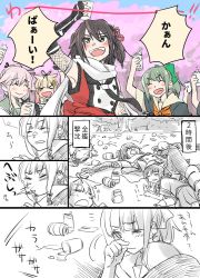 Rule 34 | &gt; &lt;, 10s, 6+girls, black hair, blonde hair, blush, bow, buttons, can, cherry blossoms, comic, commentary request, cup, drinking glass, elbow gloves, closed eyes, fingerless gloves, fubuki (kancolle), gloves, hair bow, hair flaps, hair ornament, hair ribbon, hairclip, holding, holding cup, kantai collection, long hair, low ponytail, multiple girls, neckerchief, one eye closed, open mouth, petals, pink hair, pleated skirt, ponytail, remodel (kantai collection), ribbon, round teeth, scarf, school uniform, sendai (kancolle), serafuku, short sleeves, side ponytail, skirt, sleeping, sleeveless, smile, sneezing, teeth, thighhighs, translation request, tree, tsuta no ha, two side up, very long hair, white scarf, yura (kancolle), yuubari (kancolle), yuudachi (kancolle)