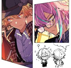 Rule 34 | 2boys, :|, ?, adjusting eyewear, aqua hair, bespectacled, black gloves, black headwear, black jacket, blonde hair, blush, book, brown jacket, buttoned cuffs, buttons, cabbie hat, chibi, chibi inset, closed eyes, closed mouth, collared shirt, commentary, cowboy shot, double-parted bangs, glasses, gloves, gradient hair, grey-framed eyewear, grey shirt, hair behind eyewear, hair between eyes, hand on own head, hat, highres, holding, holding book, holding magnifying glass, hoshi-toge, jacket, kamishiro rui, lapels, long sleeves, looking at viewer, magnifying glass, male focus, multicolored clothes, multicolored hair, multicolored jacket, multiple boys, necktie, open clothes, open collar, open jacket, orange eyes, orange hair, pants, partially colored, plaid, plaid jacket, portrait, project sekai, purple hair, sanpaku, semi-rimless eyewear, serious, shirt, simple background, streaked hair, sweat, tenma tsukasa, thought bubble, two-tone hair, under-rim eyewear, white background, yellow eyes