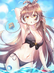 Rule 34 | 1girl, absurdres, ahoge, alternate costume, arm behind head, arm up, armpits, bikini, bird, black bikini, blue sky, blush, breasts, brown hair, cleavage, cloud, cloudy sky, commentary, cowboy shot, crossed bangs, day, english commentary, feather hair ornament, feathers, friend (nanashi mumei), hair between eyes, hair ornament, hairclip, hand in own hair, highres, hololive, hololive english, huge filesize, liyom, long hair, looking at viewer, medium breasts, motion blur, multicolored hair, nanashi mumei, navel, ocean, open mouth, orange eyes, outdoors, side-tie bikini bottom, sky, solo, stomach, streaked hair, string bikini, swimsuit, thigh gap, two-tone hair, virtual youtuber, wading, water drop, wet, white hair
