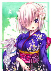 Rule 34 | 1girl, fate/grand order, fate (series), flower, fou (fate), hair flower, hair ornament, hair over one eye, japanese clothes, kimono, looking at viewer, marker (medium), mash kyrielight, mash kyrielight (grand new year), official alternate costume, open mouth, purple eyes, purple hair, short hair, solo, traditional media, yuto cafe