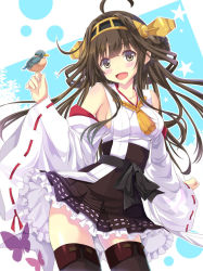 Rule 34 | 10s, 1girl, :d, bare shoulders, bird, black hair, blush, breasts, brown eyes, brown hair, bug, butterfly, detached sleeves, double bun, frilled skirt, frills, hair ornament, hairband, headgear, insect, japanese clothes, kantai collection, kongou (kancolle), long hair, nontraditional miko, open mouth, personification, ribbon-trimmed sleeves, ribbon trim, skirt, smile, solo, star (symbol), takanashi haruto, thighhighs