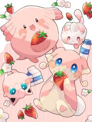 Rule 34 | :d, animal focus, audino, blue eyes, bottle, chansey, colored skin, commentary request, creatures (company), eating, flower, food, fruit, game freak, gen 1 pokemon, gen 5 pokemon, gen 6 pokemon, hanabusaoekaki, highres, jigglypuff, milk bottle, milk carton, nintendo, no humans, open mouth, pink background, pink skin, pokemon, pokemon (creature), red eyes, smile, solid oval eyes, strawberry, striped, striped background, swirlix, tongue, tongue out, upside-down, white background, white flower
