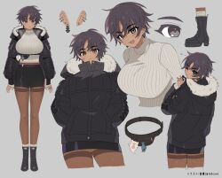Rule 34 | 1girl, artist name, black eyes, black footwear, black hair, black jacket, black skirt, bon (vtuber), boots, breasts, commentary, commentary request, dark-skinned female, dark skin, ear piercing, earrings, english commentary, full body, fur trim, grey background, hands in pockets, huge breasts, indie virtual youtuber, jacket, jewelry, looking at viewer, lunch (lunchicken), miniskirt, mixed-language commentary, pantyhose, piercing, ribbed sweater, short hair, simple background, skirt, smile, sweater, twitter username, virtual youtuber, white sweater