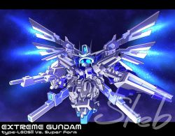 Rule 34 | alternate color, blue eyes, character name, commission, dual wielding, extreme gundam type leo ii vs, flying, glowing, glowing eyes, gun, gundam, gundam exa, gundam exa vs, haiteku reibou, holding, holding gun, holding sword, holding weapon, mecha, mechanical wings, no humans, robot, skeb commission, solo, space, sword, v-fin, watermark, weapon, wings