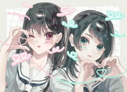 2girls bang_dream! bang_dream!_it&#039;s_mygo!!!!! black_hair blue_eyes blue_neckerchief blue_shirt closed_mouth commentary facial_mark hanasakigawa_school_uniform heart heart_facial_mark heart_hands highres iettiger long_hair looking_at_viewer medium_hair mole mole_under_eye multiple_girls neckerchief open_mouth purple_eyes sailor_collar school_uniform serafuku shiina_taki shirt symbol-only_commentary white_sailor_collar yahata_umiri