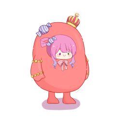 Rule 34 | 0725akaba, 1girl, blue hair, blush stickers, bow, candy hair ornament, chibi, closed mouth, cosplay, crescent, crown, fall guy, fall guy (cosplay), fall guys, food-themed hair ornament, gradient hair, green eyes, hair ornament, hair rings, heterochromia, highres, himemori luna, hololive, mini crown, multicolored hair, pink bow, pink hair, purple eyes, shadow, simple background, smile, solo, standing, star (symbol), striped, striped bow, tilted headwear, virtual youtuber, white background