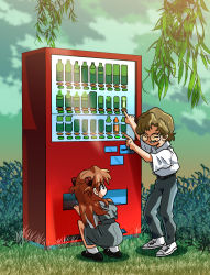 Rule 34 | 1boy, 1girl, aida kensuke, brown hair, closed eyes, day, dress, evangelion: 3.0+1.0 thrice upon a time, glasses, grass, grin, hair ornament, hairclip, highres, long hair, looking at another, machine, neon genesis evangelion, rebuild of evangelion, school uniform, smile, souryuu asuka langley, squatting, standing, tree