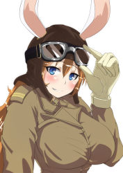 Rule 34 | 1girl, animal ears, aviator cap, blue eyes, bompay, breasts, charlotte e. yeager, gloves, goggles, goggles on head, large breasts, long hair, military, military uniform, orange hair, pilot suit, rabbit ears, rabbit girl, smile, strike witches, uniform, world witches series
