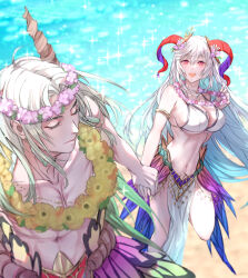 Rule 34 | 1boy, 1girl, armlet, brother and sister, curled horns, fire emblem, fire emblem heroes, flower, flower necklace, freyja (fire emblem), freyja (summer) (fire emblem), freyr (fire emblem), freyr (summer) (fire emblem), goat horns, gold armlet, highres, holding hands, horns, jewelry, necklace, nintendo, official alternate costume, red horns, siblings, t misaomaru