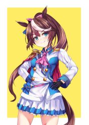 Rule 34 | &gt;:), 1girl, animal ears, black gloves, blue eyes, blush, breasts, brown hair, closed mouth, commentary request, epaulettes, gloves, hair between eyes, hair ribbon, hands on own hips, head tilt, high ponytail, highres, horse ears, horse girl, horse tail, jacket, long hair, long sleeves, looking at viewer, multicolored hair, pink ribbon, pleated skirt, ponytail, ribbon, setu (shining12), single epaulette, skirt, small breasts, smile, solo, streaked hair, tail, tokai teio (umamusume), two-tone background, umamusume, v-shaped eyebrows, very long hair, white background, white hair, white jacket, white skirt, yellow background